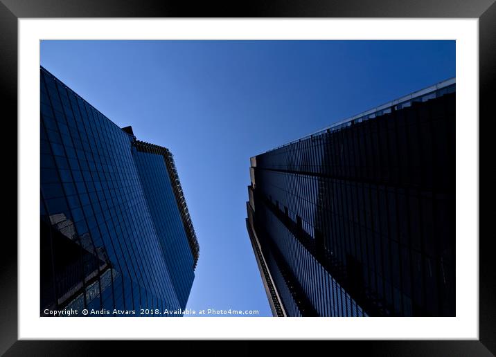 Upward view of modern London architecture Framed Mounted Print by Andis Atvars