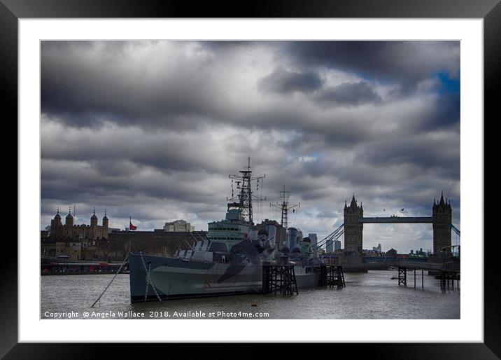 HMS Belfast with Tower bridge and The Tower of Lon Framed Mounted Print by Angela Wallace