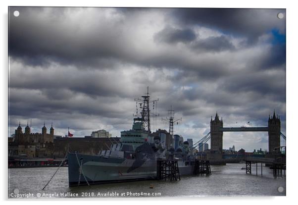 HMS Belfast with Tower bridge and The Tower of Lon Acrylic by Angela Wallace