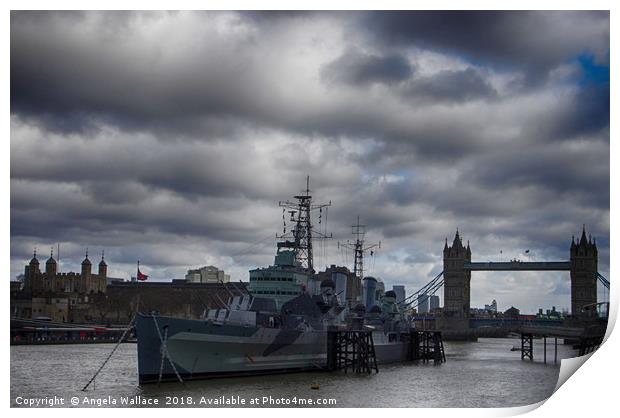 HMS Belfast with Tower bridge and The Tower of Lon Print by Angela Wallace