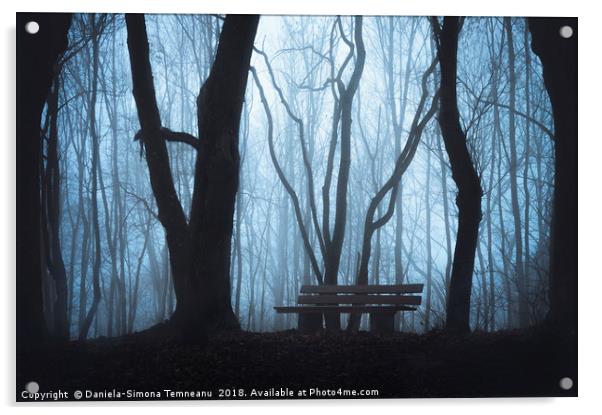 Wooden bench and foggy autumn forest Acrylic by Daniela Simona Temneanu