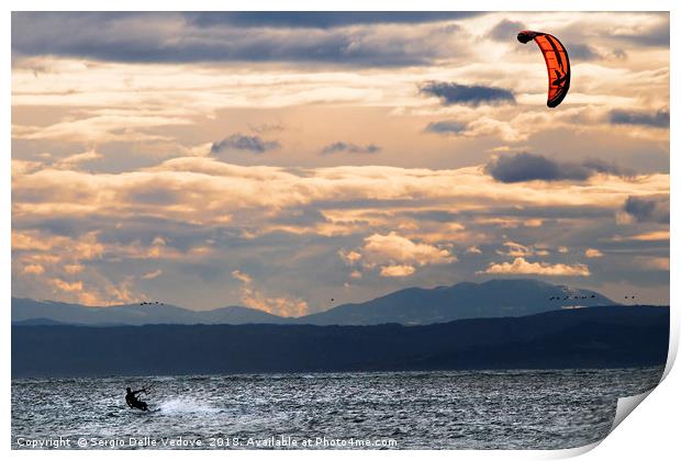 kitesurfing on the sea Print by Sergio Delle Vedove