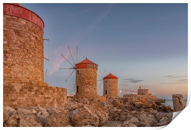 Rhodes Fort of St Nicholas and Windmills Print by Antony McAulay