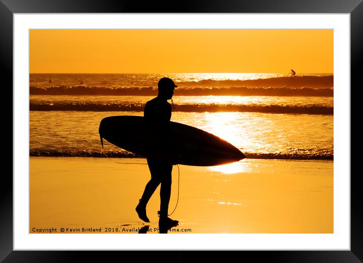 sunset surfing cornwall Framed Mounted Print by Kevin Britland