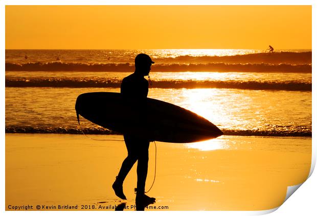 sunset surfing cornwall Print by Kevin Britland