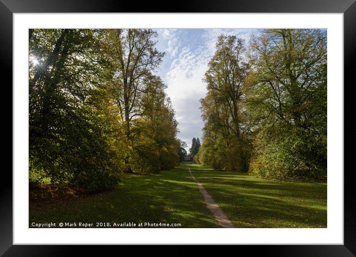 Lime Avenue path with house at Nowton Park in autu Framed Mounted Print by Mark Roper