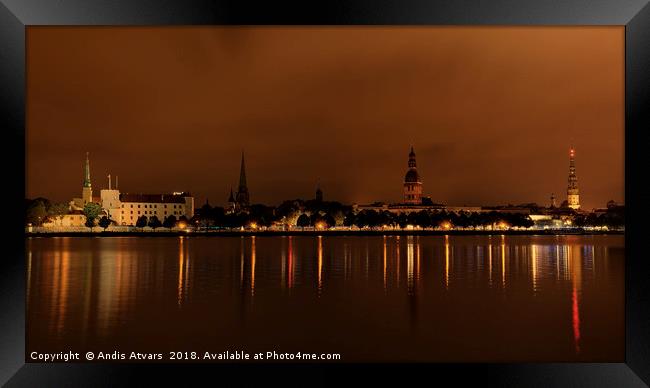 Panoramic view of Riga Old Town before sunrise Framed Print by Andis Atvars