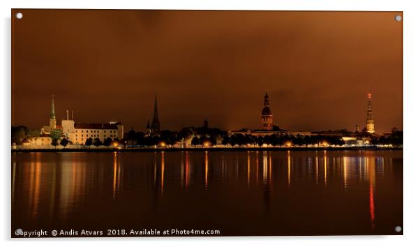 Panoramic view of Riga Old Town before sunrise Acrylic by Andis Atvars