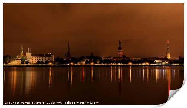 Panoramic view of Riga Old Town before sunrise Print by Andis Atvars