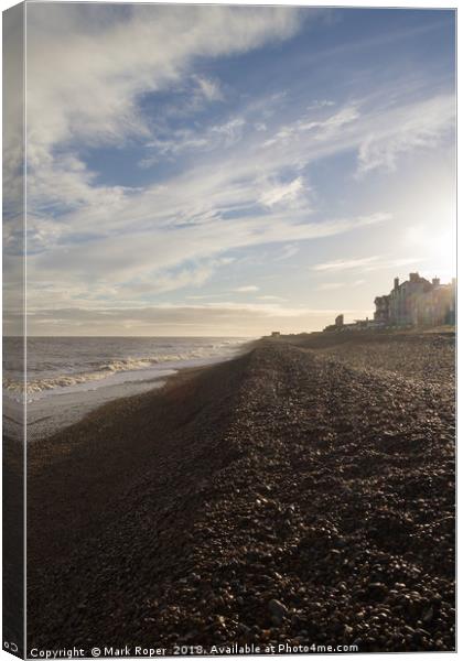Aldeburgh shingle beach bright sun in winter with  Canvas Print by Mark Roper