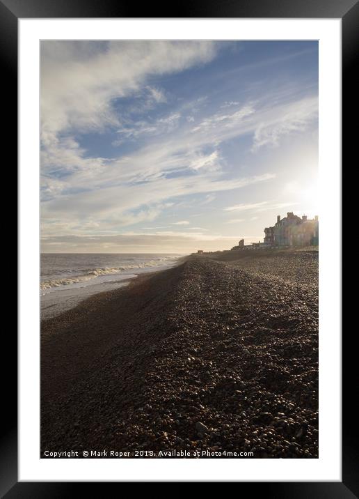 Aldeburgh shingle beach bright sun in winter with  Framed Mounted Print by Mark Roper