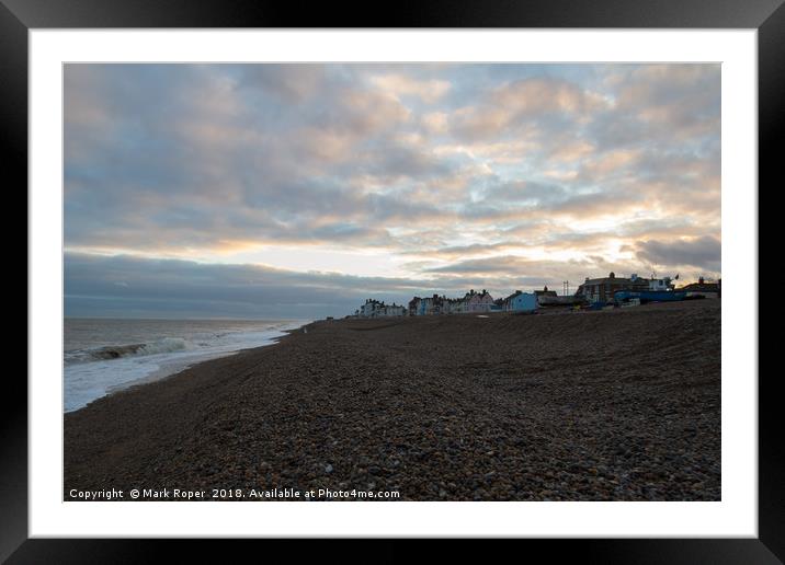 Aldeburgh beach with sun breaking through clouds Framed Mounted Print by Mark Roper
