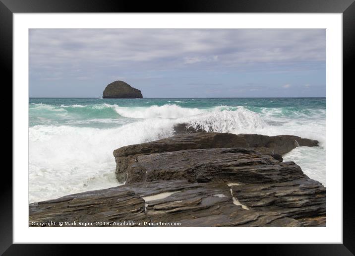 Waves crashing over rocks with Gull rock in the di Framed Mounted Print by Mark Roper