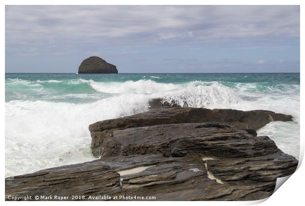 Waves crashing over rocks with Gull rock in the di Print by Mark Roper