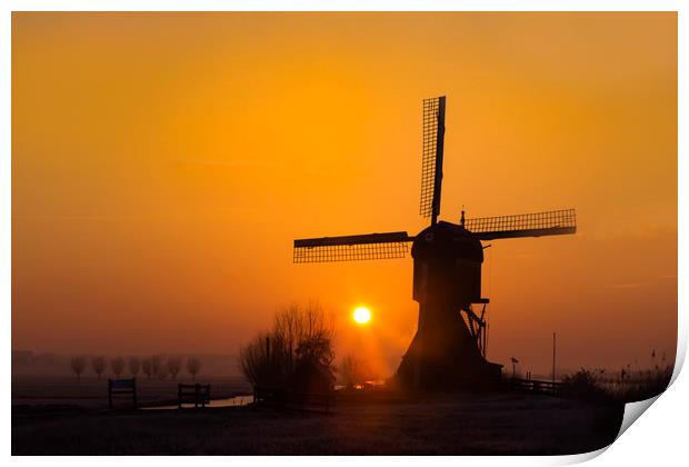 Warm sunrise on the Kinderdijk windmill in Rotterd Print by Ankor Light