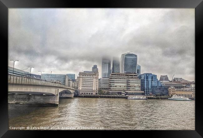 Foggy Sombre London Bridge Framed Print by Zahra Majid