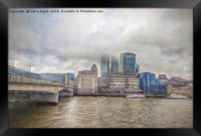 London Bridge on a Foggy Day a Painterly Perspecti Framed Print by Zahra Majid
