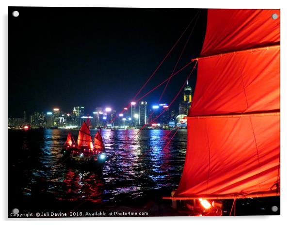 Red Sail Junks in Hong Kong Harbor Acrylic by Juli Davine