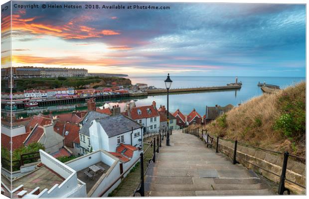 Sunset over Whitby Harbour Canvas Print by Helen Hotson