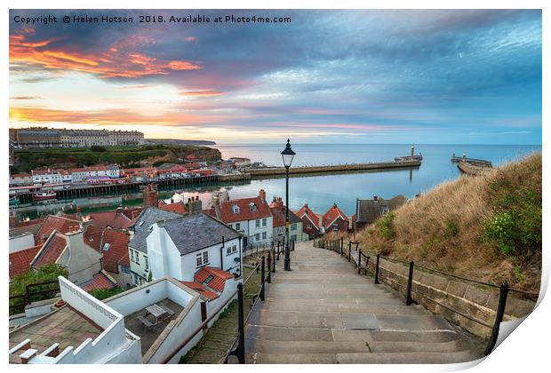 Sunset over Whitby Harbour Print by Helen Hotson