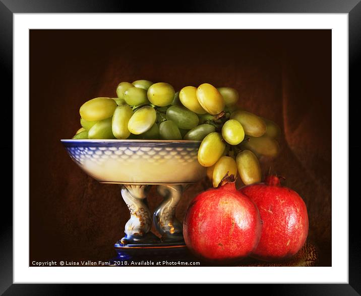 Chiaroscuro still life, étagère with autumnal grap Framed Mounted Print by Luisa Vallon Fumi