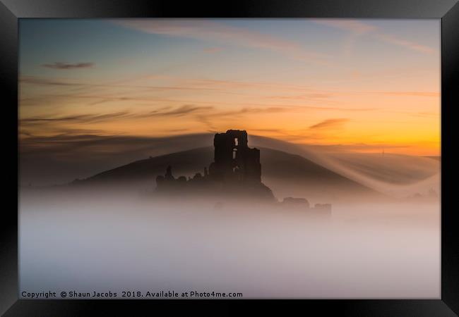 Corfe Castle on a foggy morning  Framed Print by Shaun Jacobs