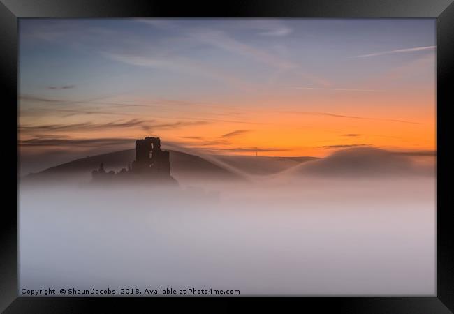 Rolling fog at Corfe Castle  Framed Print by Shaun Jacobs