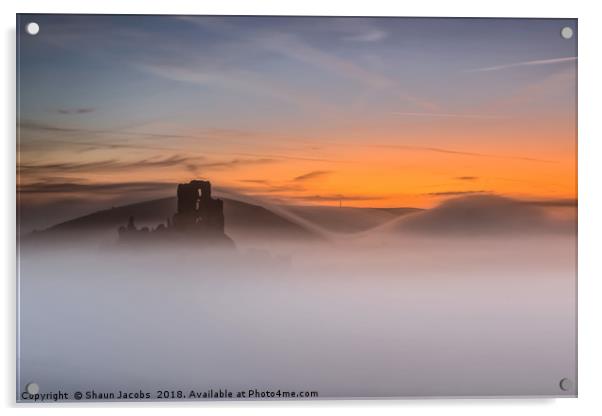 Rolling fog at Corfe Castle  Acrylic by Shaun Jacobs