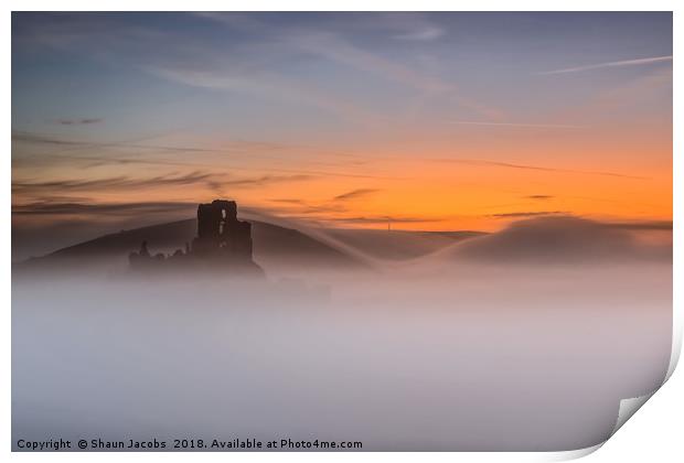 Rolling fog at Corfe Castle  Print by Shaun Jacobs