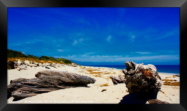 Empty beach with driftwood, North Island, New Zeal Framed Print by Mike Dale