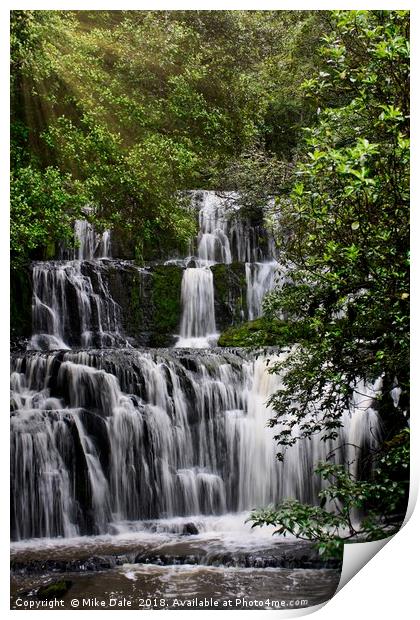 Sunshine on a beautiful waterfall Print by Mike Dale