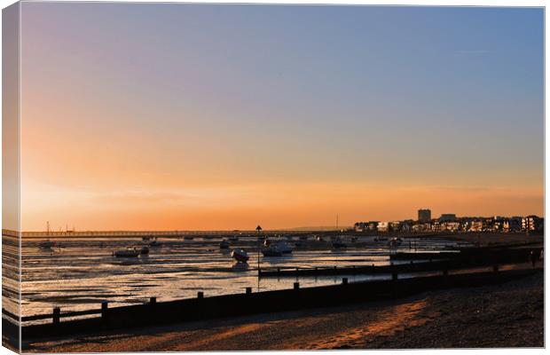 Sunset over Thorpe Bay beach near Southend on Sea  Canvas Print by Andy Evans Photos