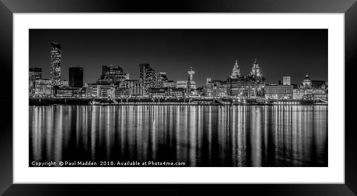 Liverpool skyline in the night Black and White Framed Mounted Print by Paul Madden