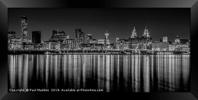Liverpool skyline in the night Black and White Framed Print by Paul Madden
