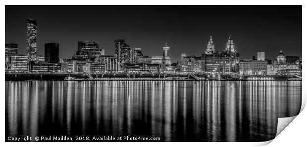 Liverpool skyline in the night Black and White Print by Paul Madden