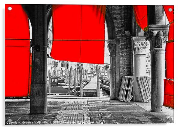 Venice,  Rialto fish market with red curtains Acrylic by Luisa Vallon Fumi