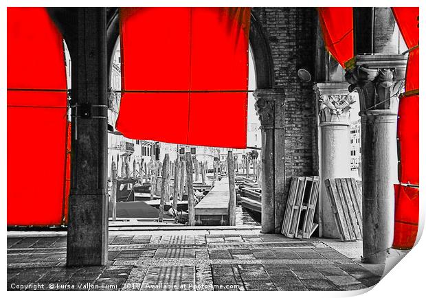 Venice,  Rialto fish market with red curtains Print by Luisa Vallon Fumi