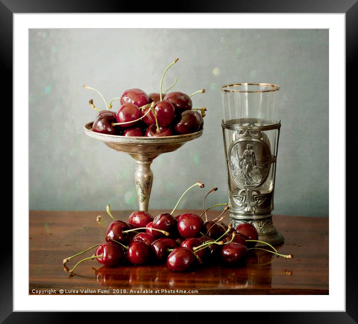 Still life, red cherries on a silver plate and an  Framed Mounted Print by Luisa Vallon Fumi
