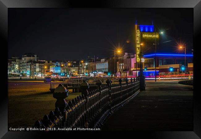 Welcome to Margate seafront by night Framed Print by Robin Lee
