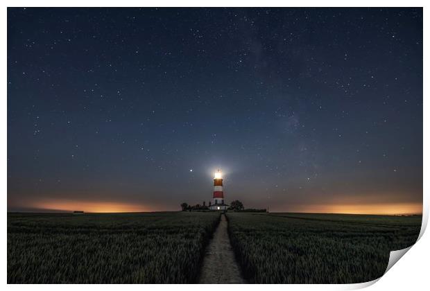 Happisburgh lighthouse under the stars and Milky W Print by Gary Pearson