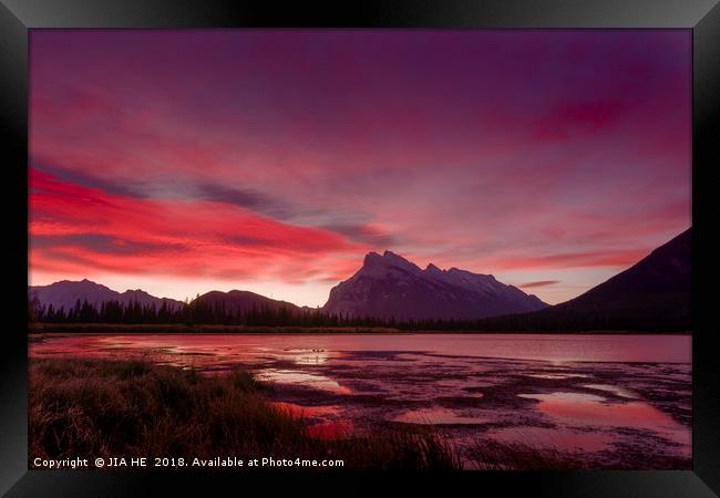 Vermilion lakes sunrise  Framed Print by JIA HE