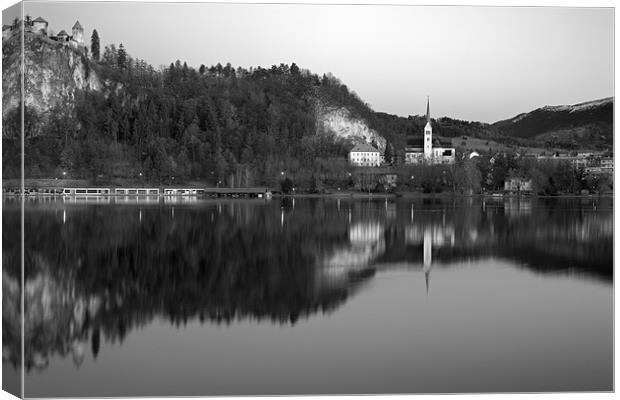 View across Lake Bled in Black and White, Slovenia Canvas Print by Ian Middleton