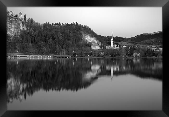 View across Lake Bled in Black and White, Slovenia Framed Print by Ian Middleton