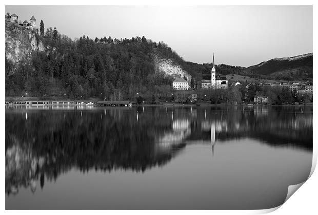 View across Lake Bled in Black and White, Slovenia Print by Ian Middleton