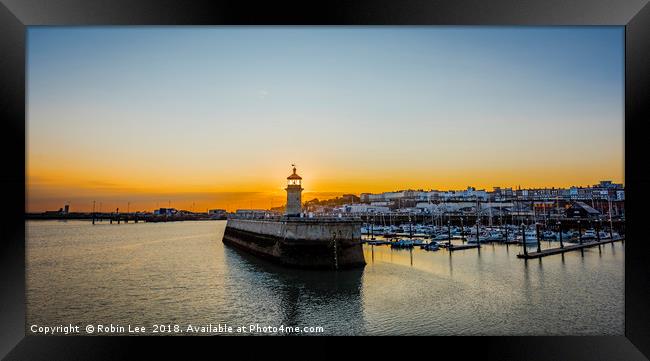 Ramsgate Harbour Lighthouse sunset Framed Print by Robin Lee