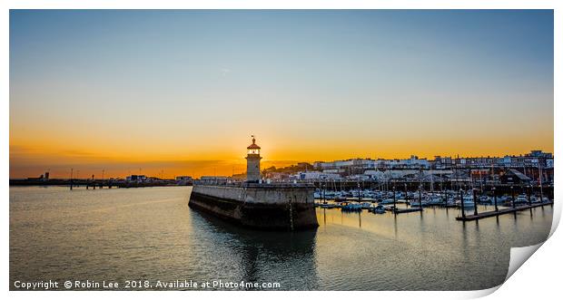 Ramsgate Harbour Lighthouse sunset Print by Robin Lee