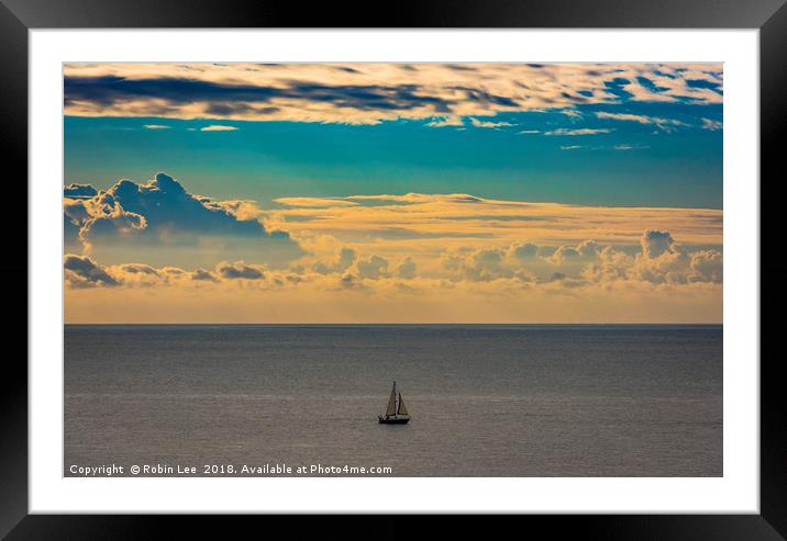 A lone sailing boat at sunrise  Framed Mounted Print by Robin Lee