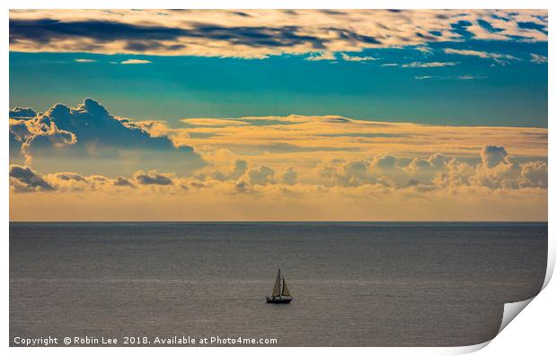 A lone sailing boat at sunrise  Print by Robin Lee