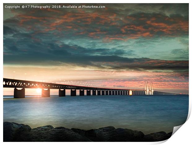 Evening comes to the Oresund Bridge Print by K7 Photography