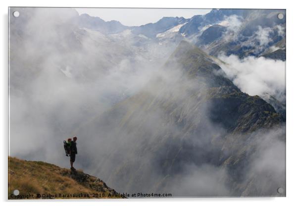 Hiker in France alps standing on edge of mountain  Acrylic by Dalius Baranauskas